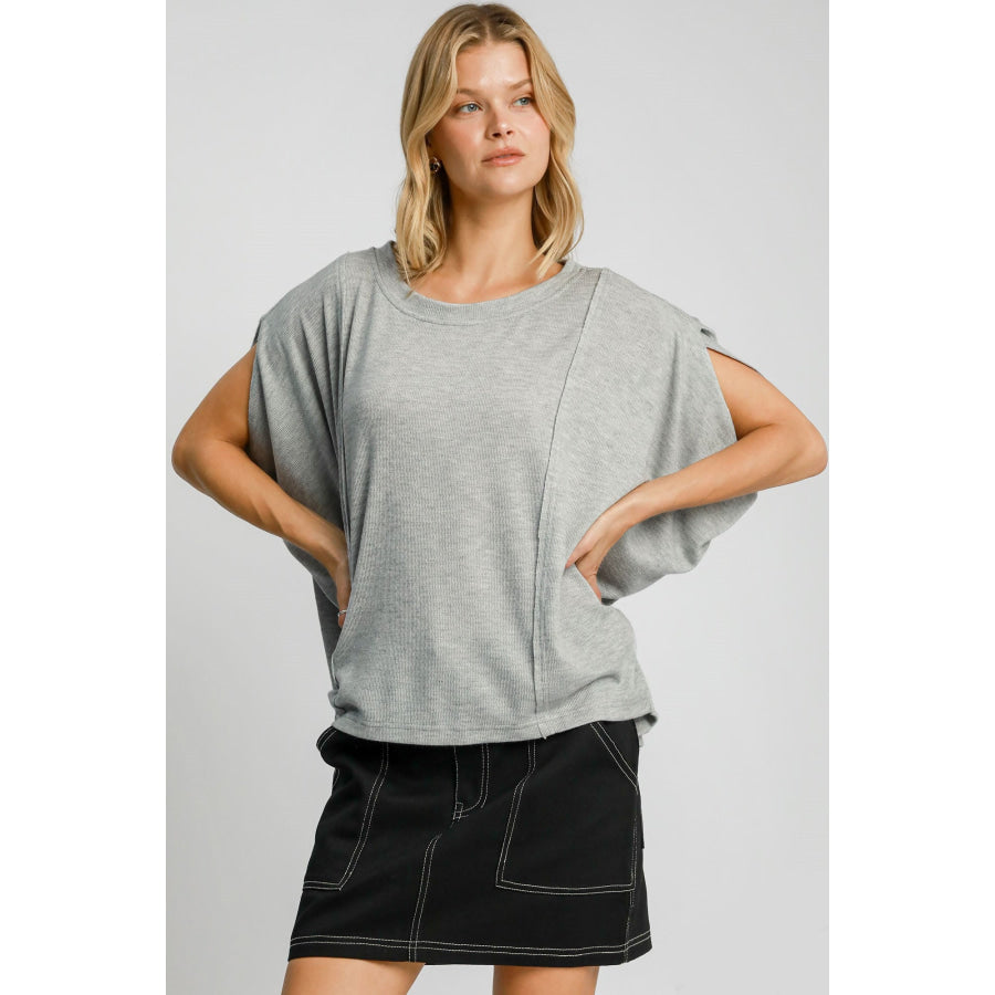 Umgee Exposed Seam Round Neck Batwing Sleeve Knit Top Gray / S Apparel and Accessories