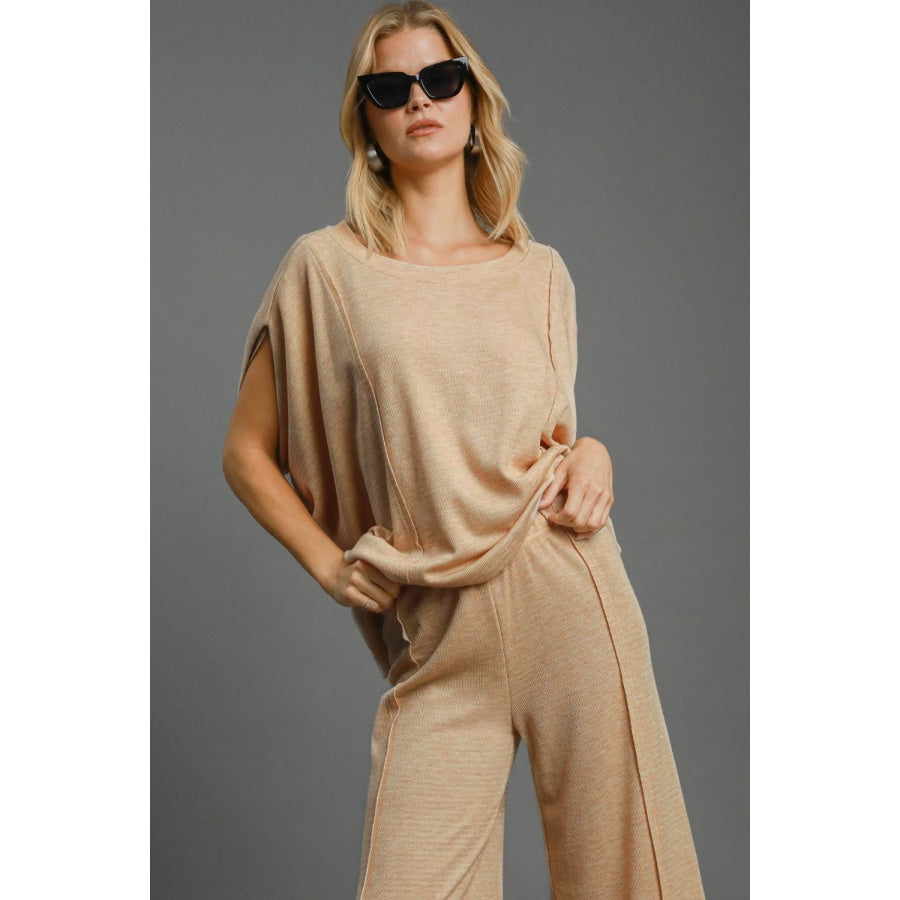 Umgee Exposed Seam Round Neck Batwing Sleeve Knit Top Tan / S Apparel and Accessories