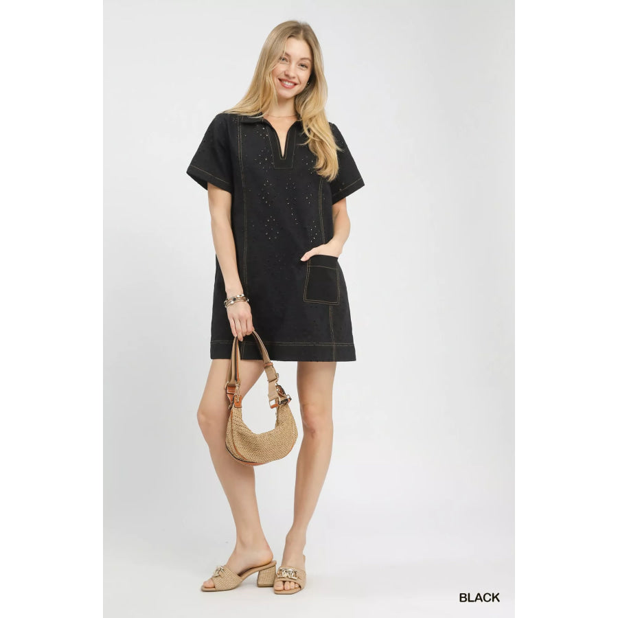Umgee Eyelet Short Sleeve Shift Dress with Pocket Apparel and Accessories