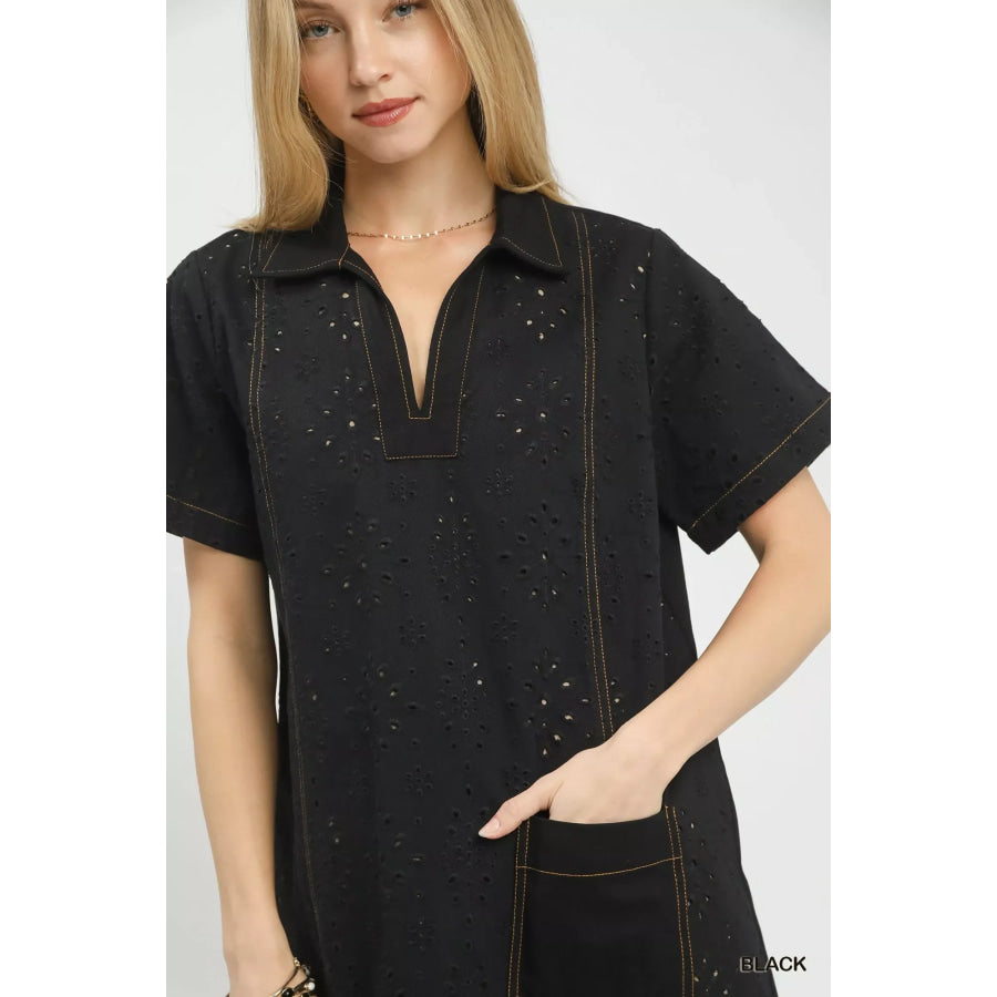 Umgee Eyelet Short Sleeve Shift Dress with Pocket Apparel and Accessories