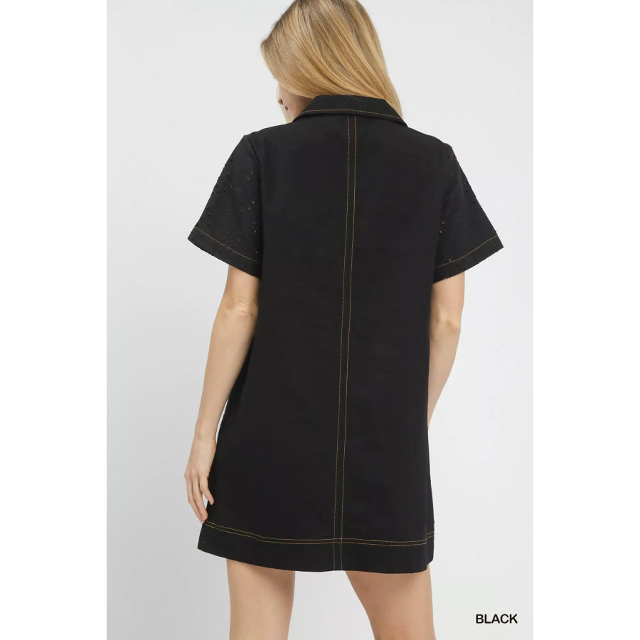 Umgee Eyelet Short Sleeve Shift Dress with Pocket Apparel and Accessories