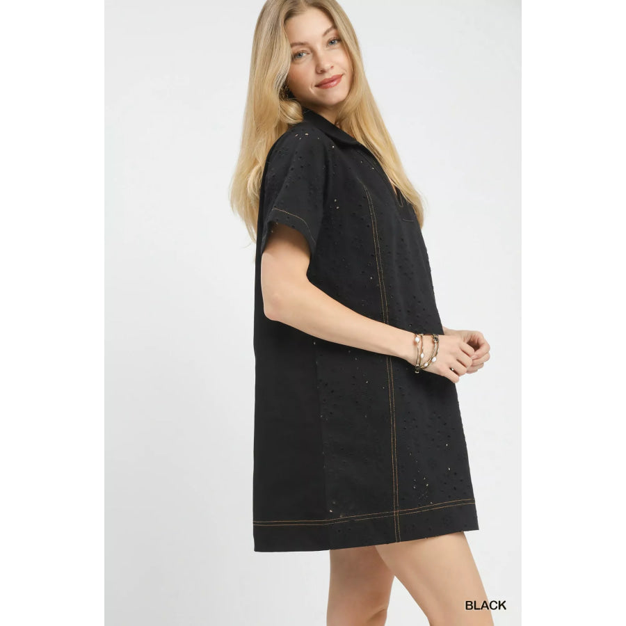 Umgee Eyelet Short Sleeve Shift Dress with Pocket Apparel and Accessories
