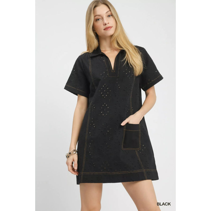 Umgee Eyelet Short Sleeve Shift Dress with Pocket Black / S Apparel and Accessories