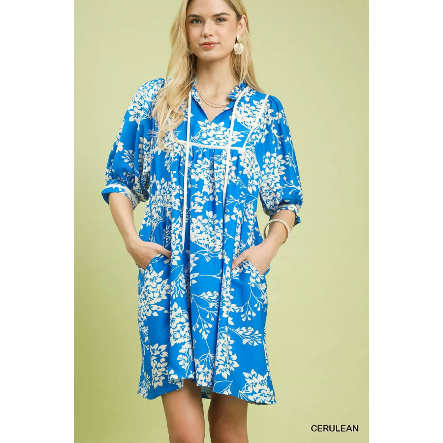 Umgee Floral Babydoll Dress with Pockets CERULEAN / S Apparel and Accessories