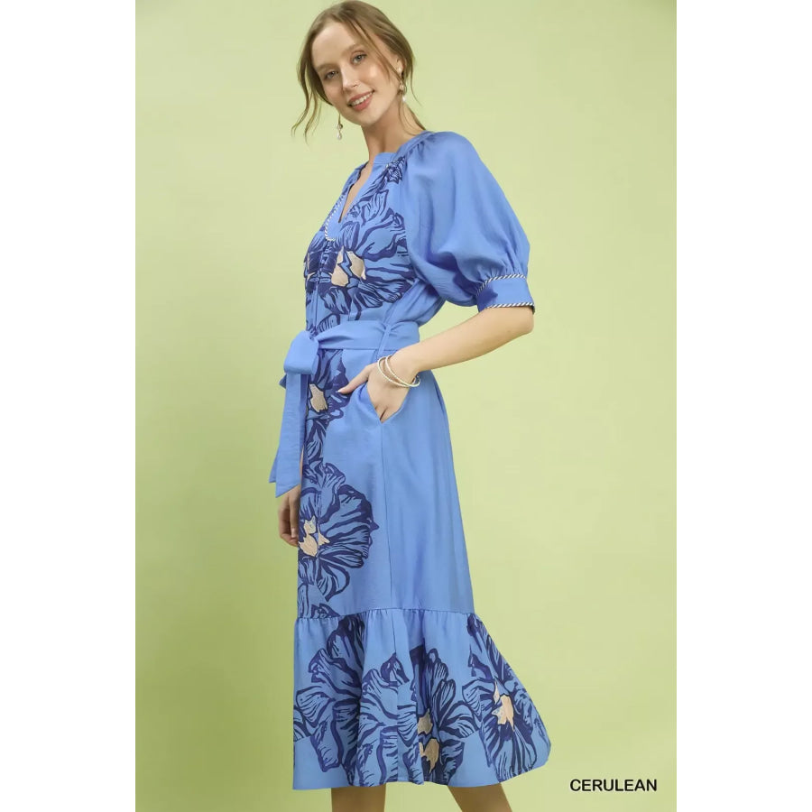 Umgee Floral Belted Midi Dress Apparel and Accessories