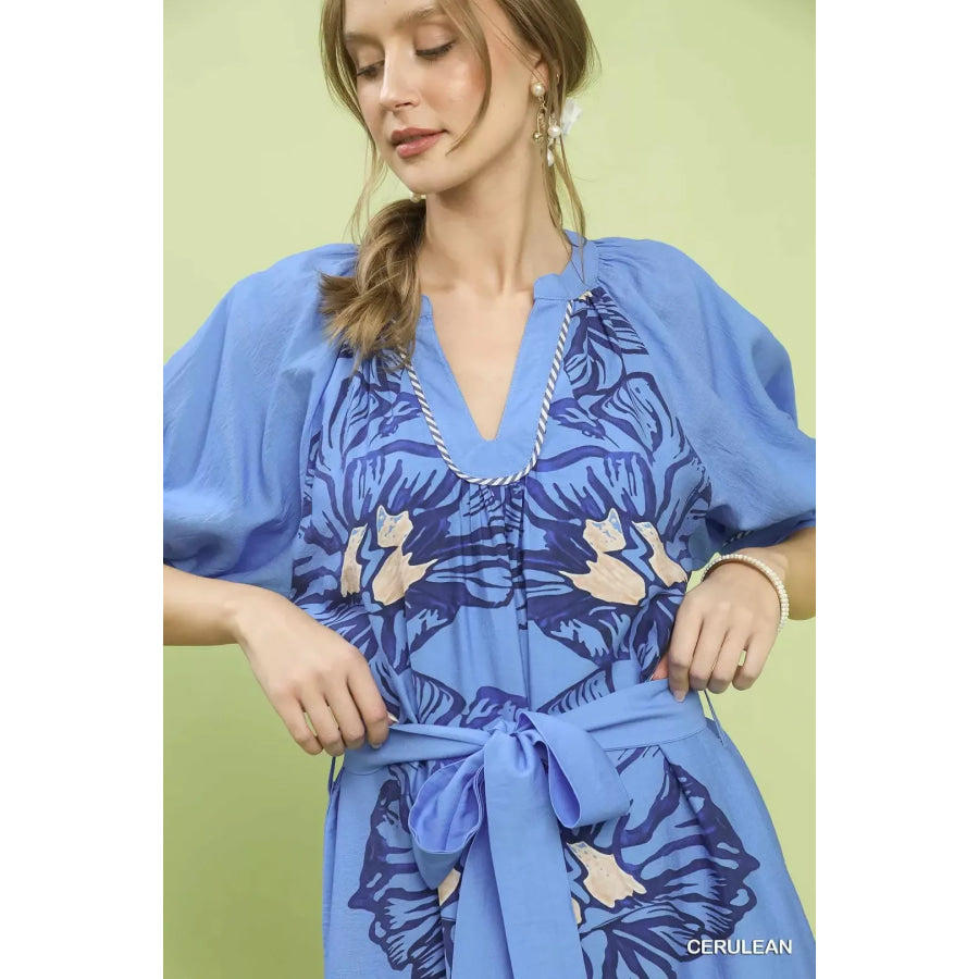 Umgee Floral Belted Midi Dress Apparel and Accessories