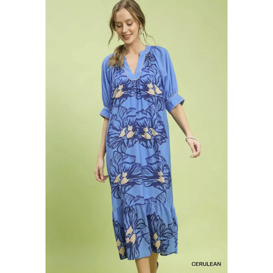 Umgee Floral Belted Midi Dress Apparel and Accessories