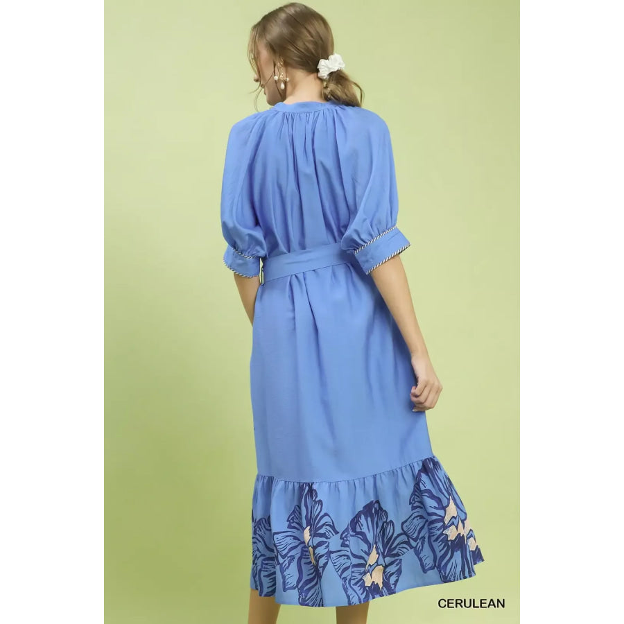 Umgee Floral Belted Midi Dress Apparel and Accessories