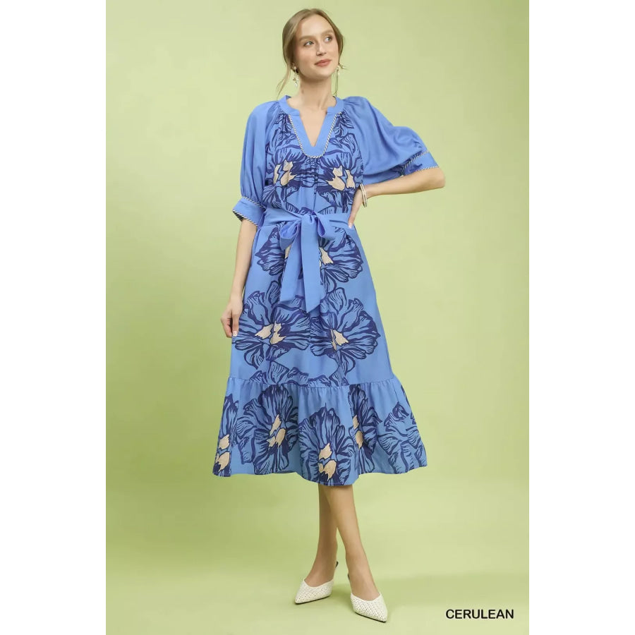 Umgee Floral Belted Midi Dress CERULEAN / S Apparel and Accessories