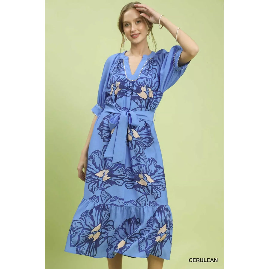 Umgee Floral Belted Midi Dress CERULEAN / S Apparel and Accessories