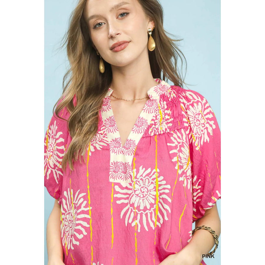 Umgee Floral Border Smocked V-Neck Boho Blouse Apparel and Accessories