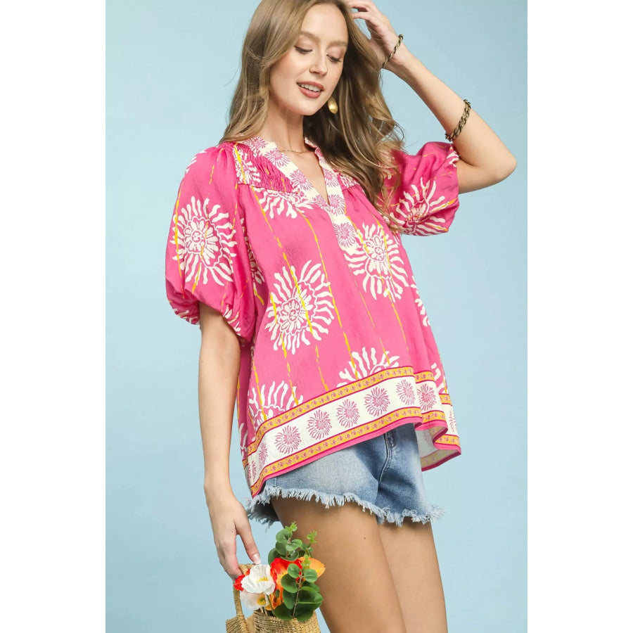 Umgee Floral Border Smocked V-Neck Boho Blouse PINK / S Apparel and Accessories