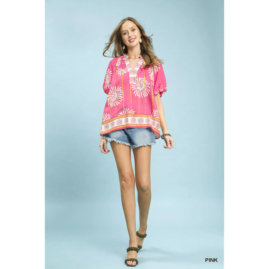Umgee Floral Border Smocked V-Neck Boho Blouse Apparel and Accessories