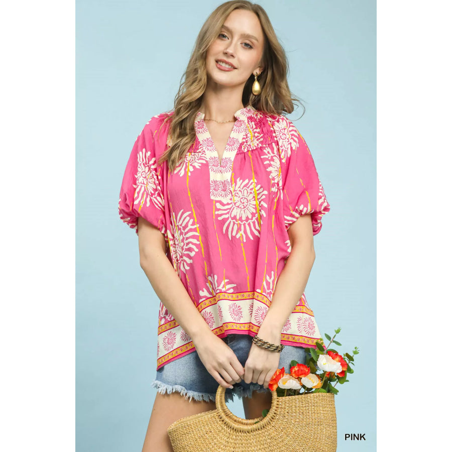 Umgee Floral Border Smocked V-Neck Boho Blouse PINK / S Apparel and Accessories
