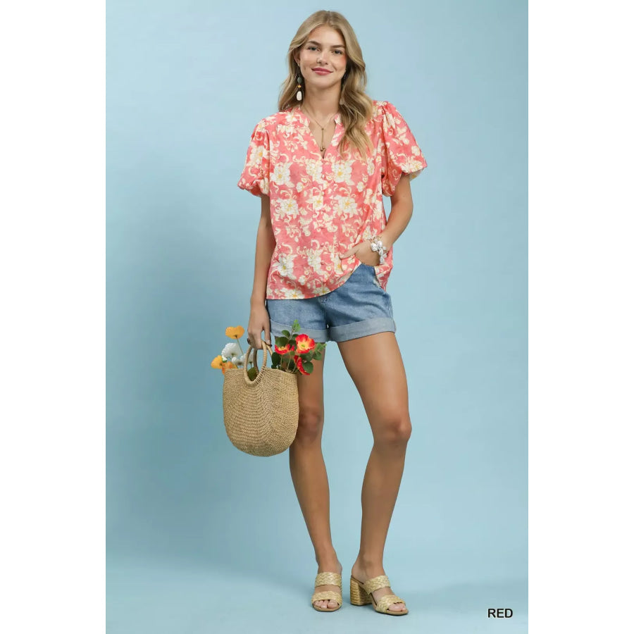 Umgee Floral Button-Front Short Sleeve Shirt Apparel and Accessories