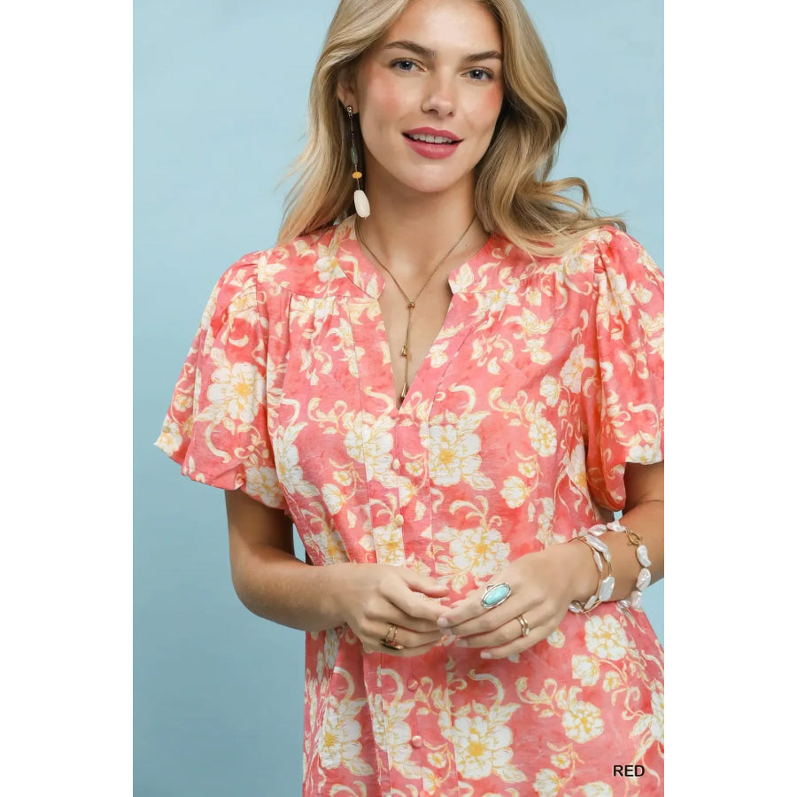 Umgee Floral Button-Front Short Sleeve Shirt Apparel and Accessories