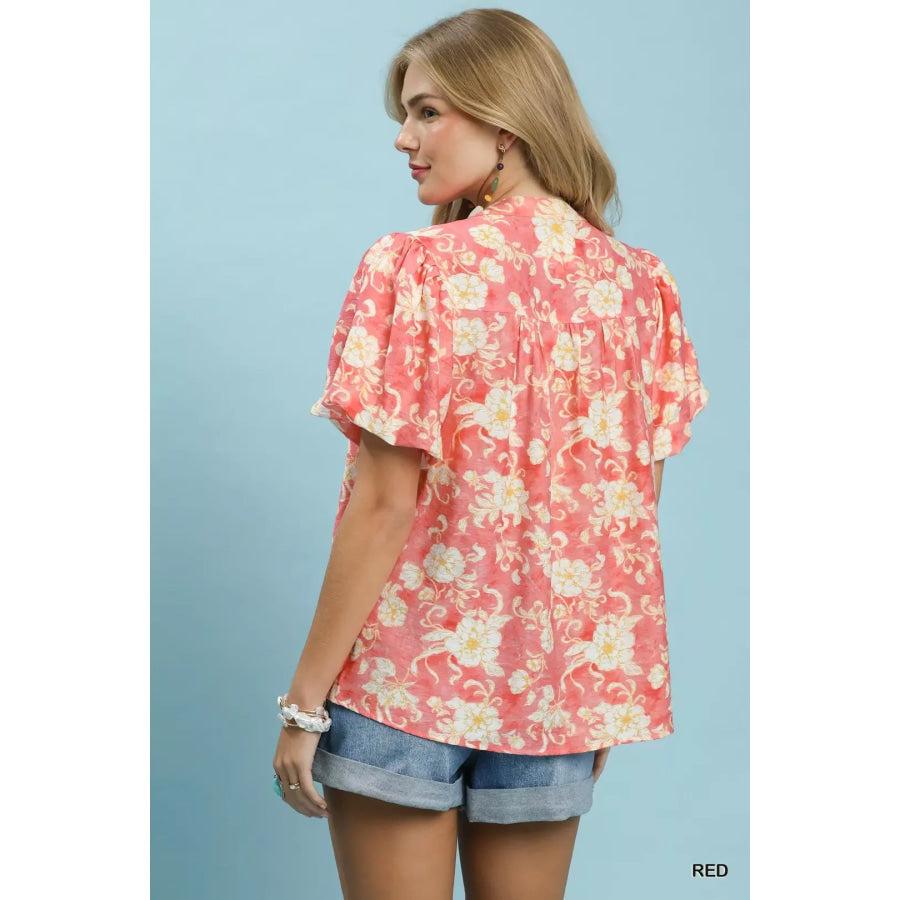 Umgee Floral Button-Front Short Sleeve Shirt Apparel and Accessories