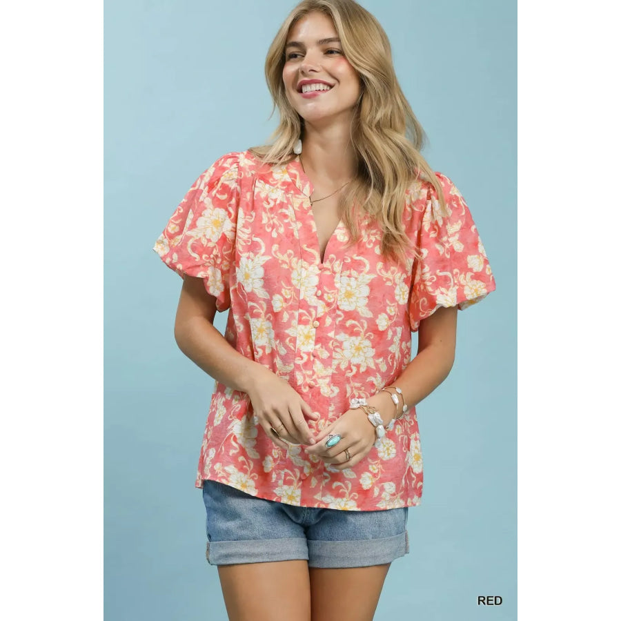 Umgee Floral Button-Front Short Sleeve Shirt RED / S Apparel and Accessories