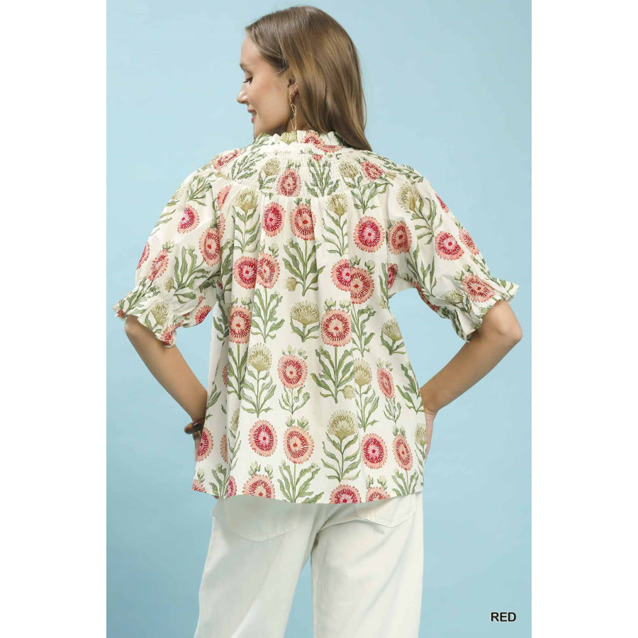 Umgee Floral Button-Front Short Sleeve Top Apparel and Accessories