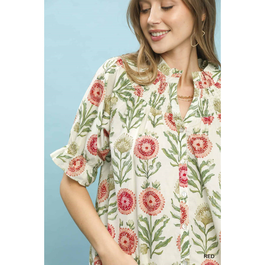 Umgee Floral Button-Front Short Sleeve Top Apparel and Accessories
