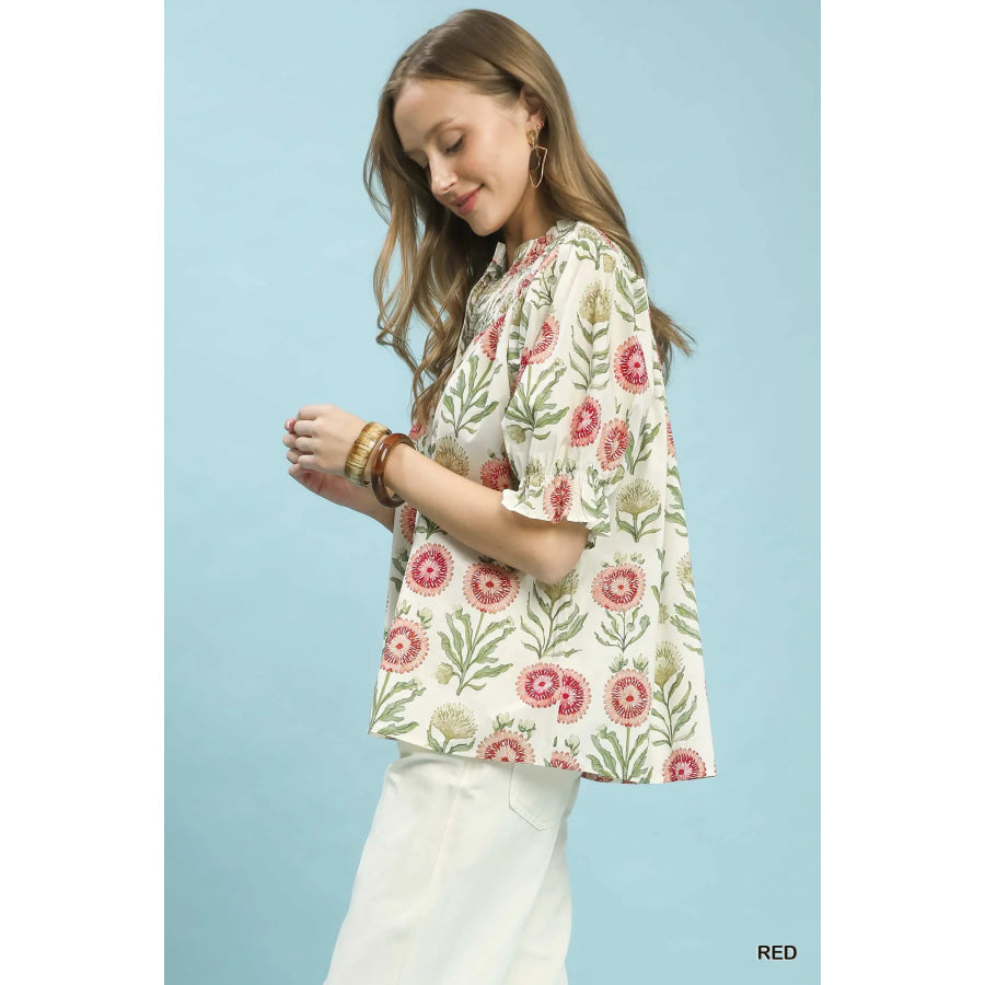 Umgee Floral Button-Front Short Sleeve Top Red / S Apparel and Accessories