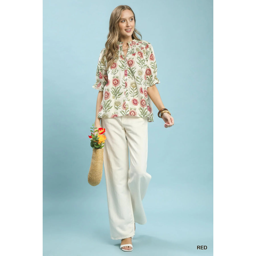 Umgee Floral Button-Front Short Sleeve Top Apparel and Accessories