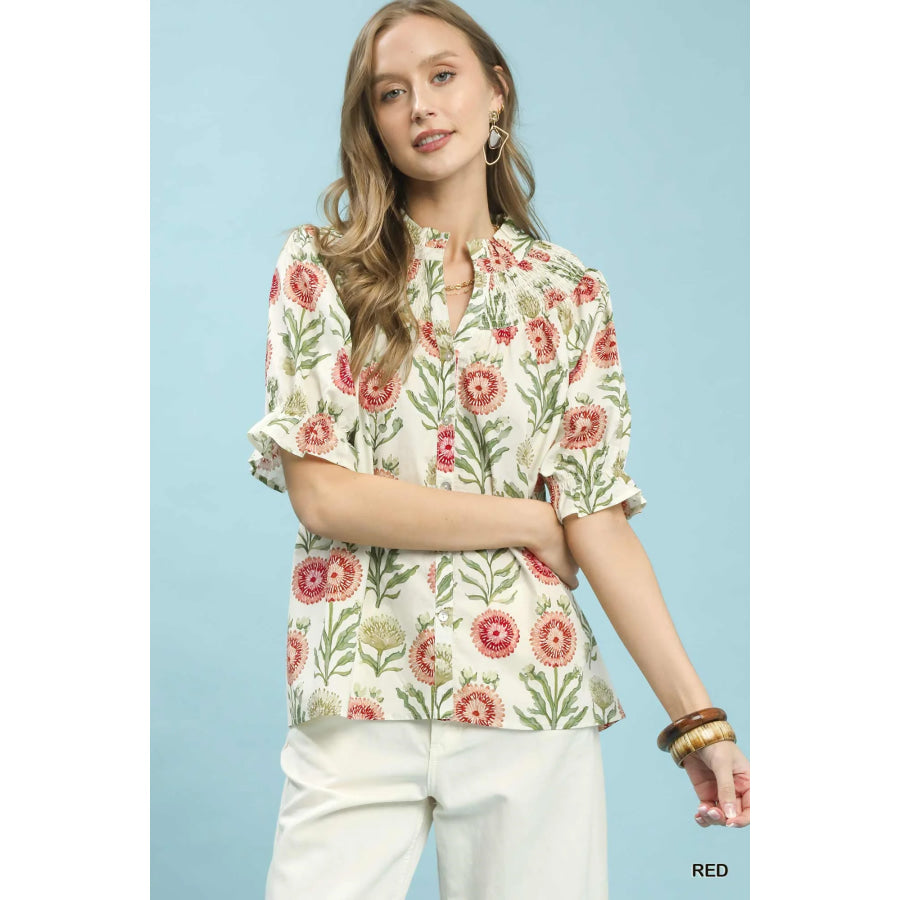 Umgee Floral Button-Front Short Sleeve Top Red / S Apparel and Accessories