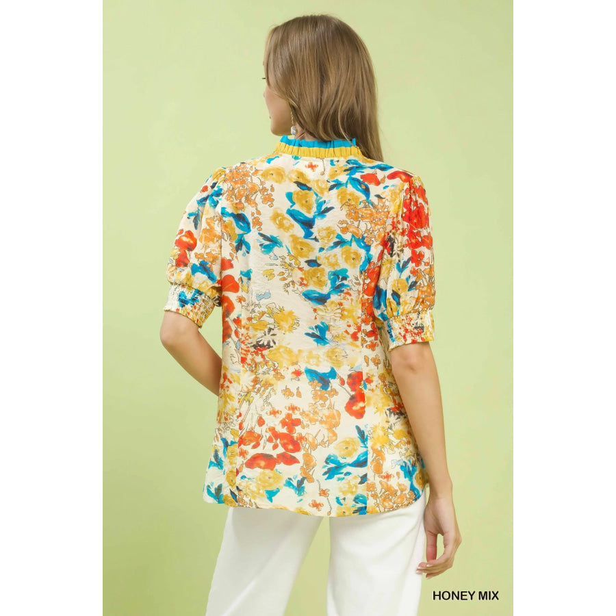 Umgee Floral Contrast Pleat Neck Top Apparel and Accessories