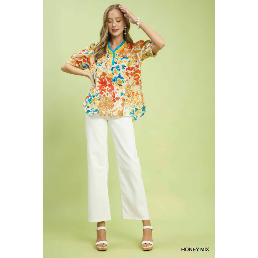 Umgee Floral Contrast Pleat Neck Top Apparel and Accessories