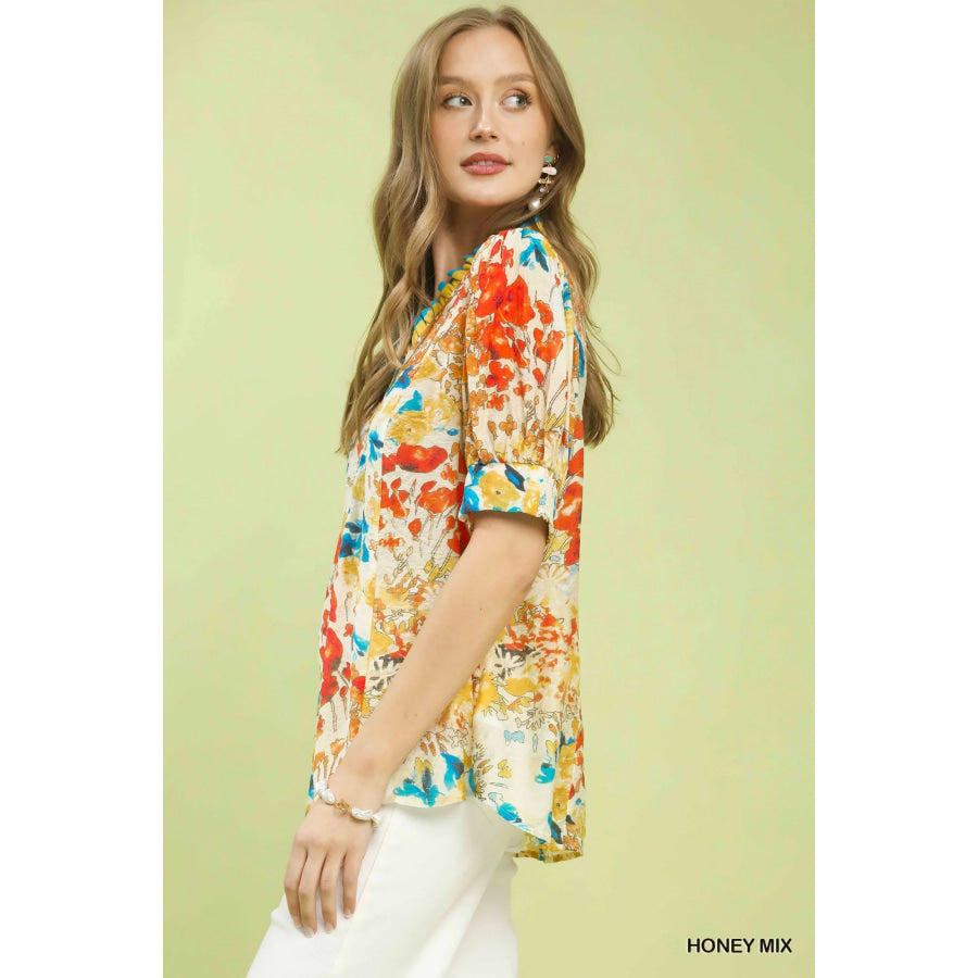 Umgee Floral Contrast Pleat Neck Top Apparel and Accessories