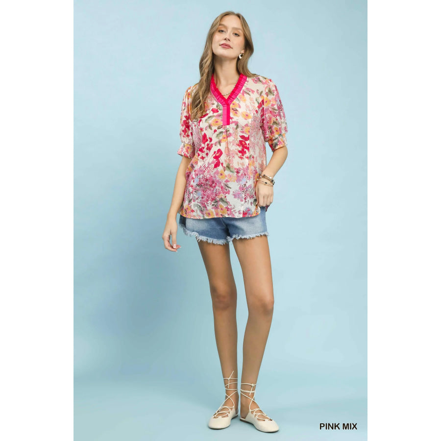 Umgee Floral Contrast Pleat Neck Top Apparel and Accessories