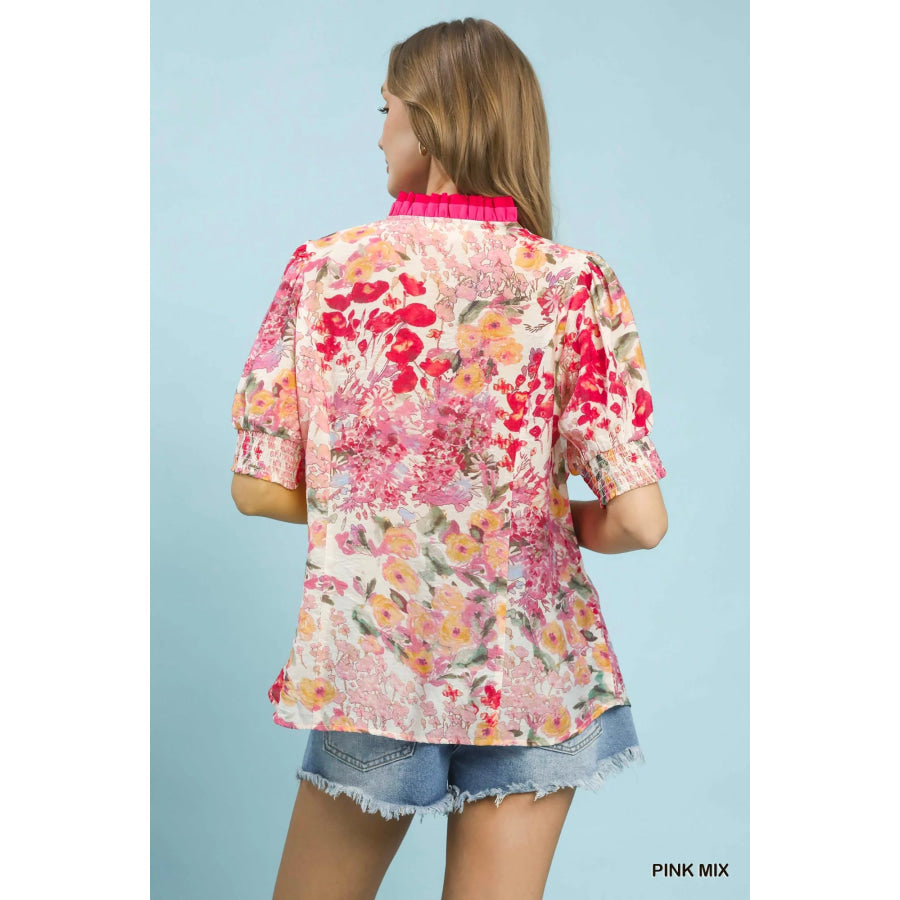 Umgee Floral Contrast Pleat Neck Top Apparel and Accessories
