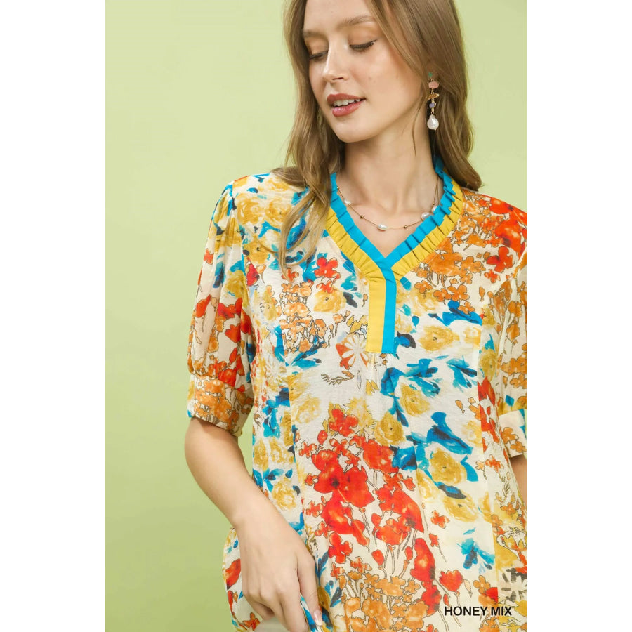 Umgee Floral Contrast Pleat Neck Top Apparel and Accessories