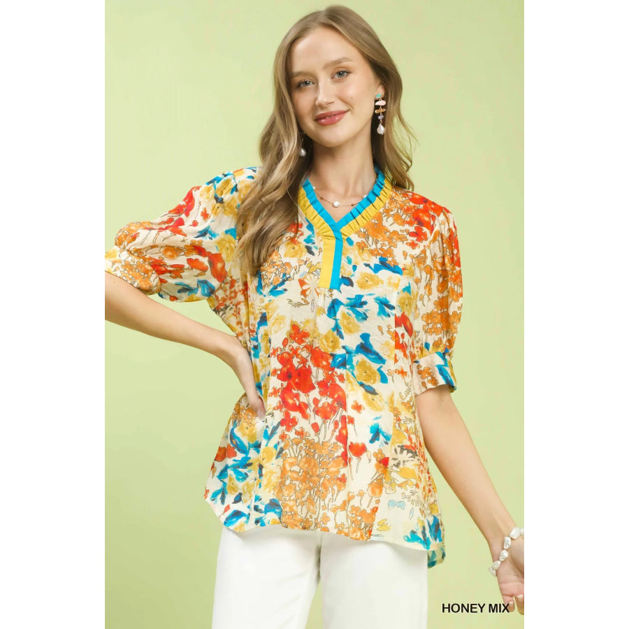 Umgee Floral Contrast Pleat Neck Top HONEY MIX / S Apparel and Accessories