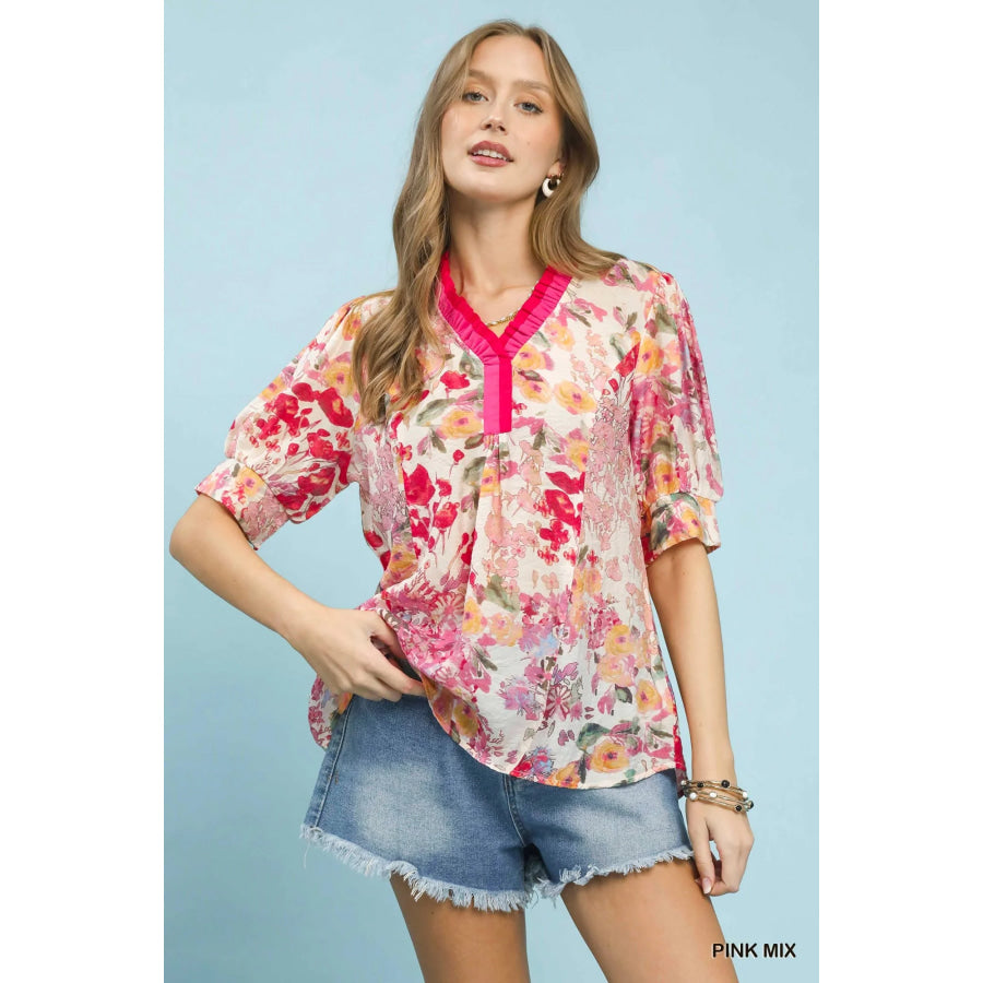 Umgee Floral Contrast Pleat Neck Top PINK MIX / S Apparel and Accessories