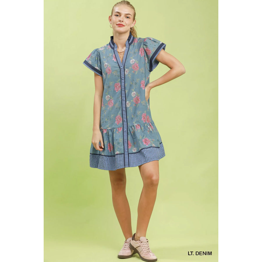Umgee Floral Contrast Trim Ruffle Hem Mini Dress Apparel and Accessories