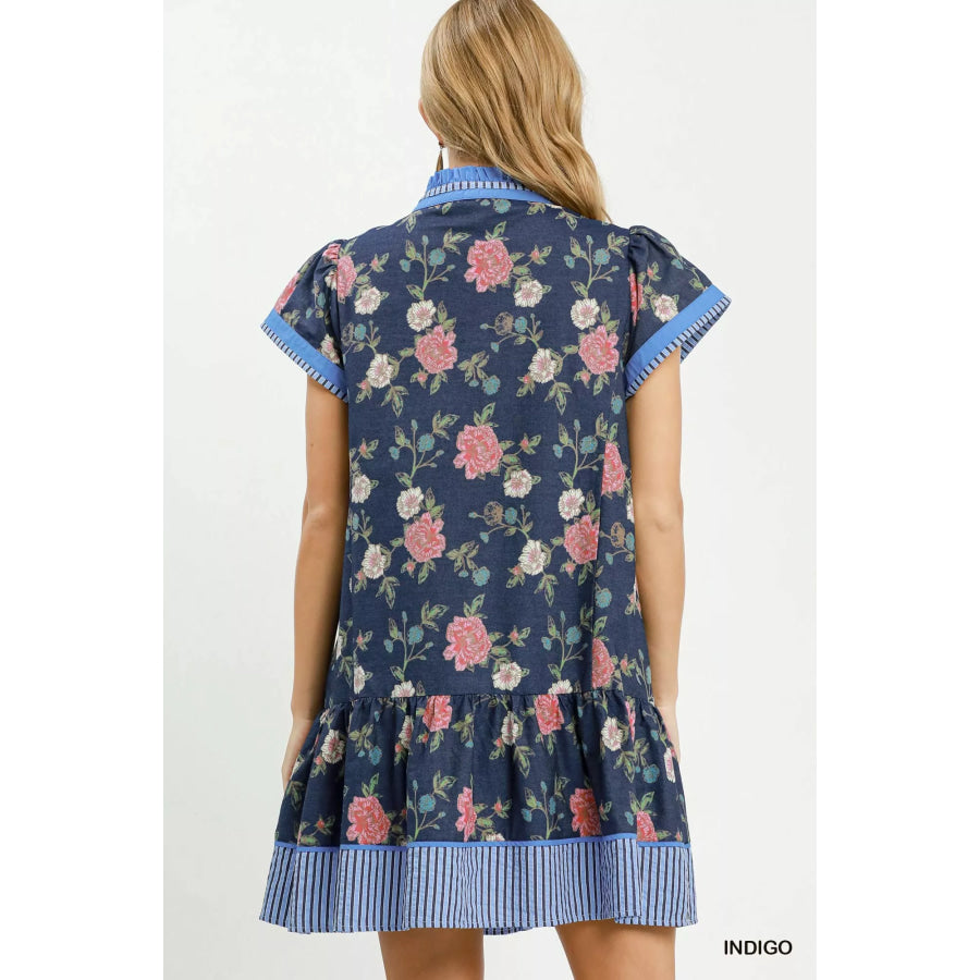 Umgee Floral Contrast Trim Ruffle Hem Mini Dress Apparel and Accessories