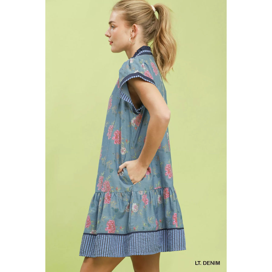 Umgee Floral Contrast Trim Ruffle Hem Mini Dress Apparel and Accessories