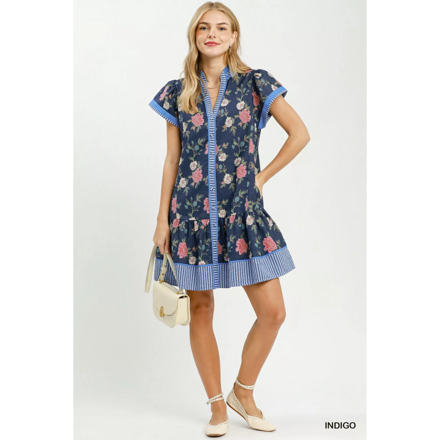 Umgee Floral Contrast Trim Ruffle Hem Mini Dress Apparel and Accessories