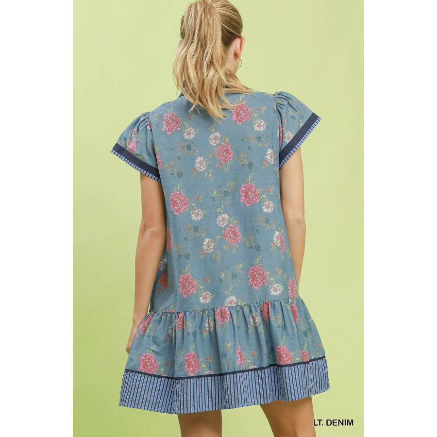 Umgee Floral Contrast Trim Ruffle Hem Mini Dress Apparel and Accessories