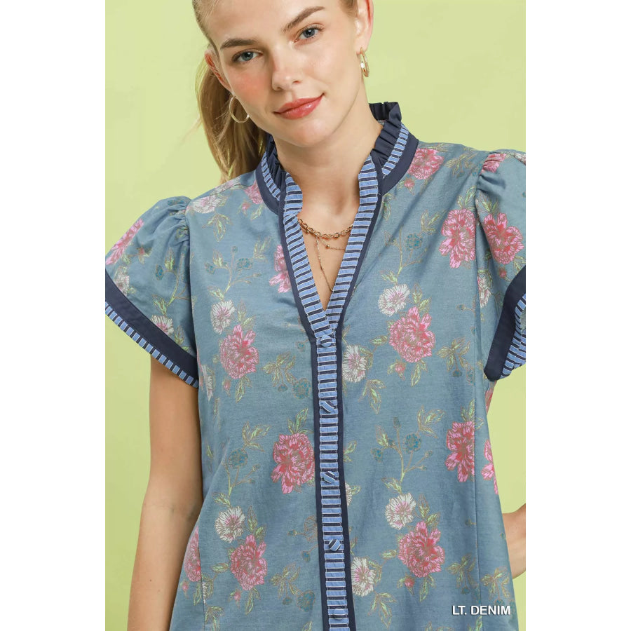 Umgee Floral Contrast Trim Ruffle Hem Mini Dress Apparel and Accessories