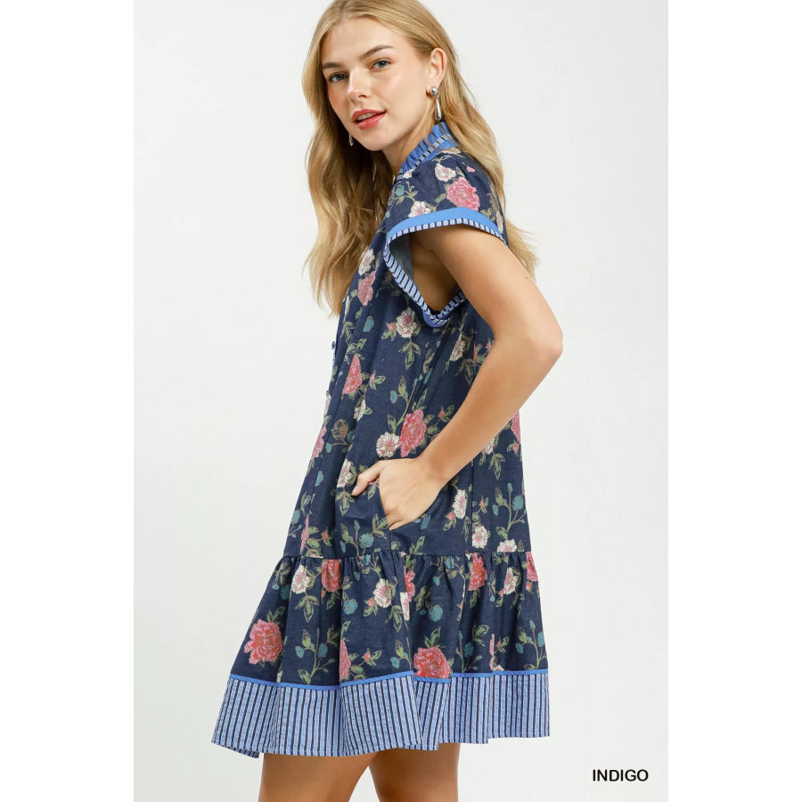 Umgee Floral Contrast Trim Ruffle Hem Mini Dress INDIGO / S Apparel and Accessories