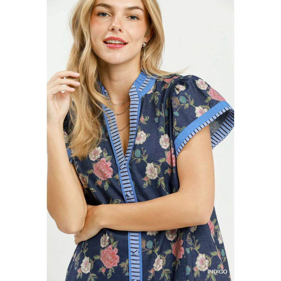 Umgee Floral Contrast Trim Ruffle Hem Mini Dress Apparel and Accessories