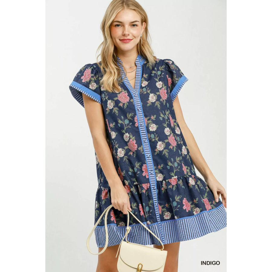 Umgee Floral Contrast Trim Ruffle Hem Mini Dress INDIGO / S Apparel and Accessories