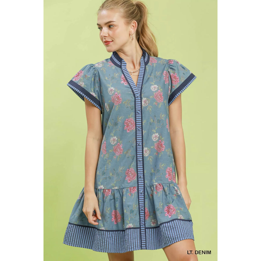 Umgee Floral Contrast Trim Ruffle Hem Mini Dress LT. DENIM / S Apparel and Accessories