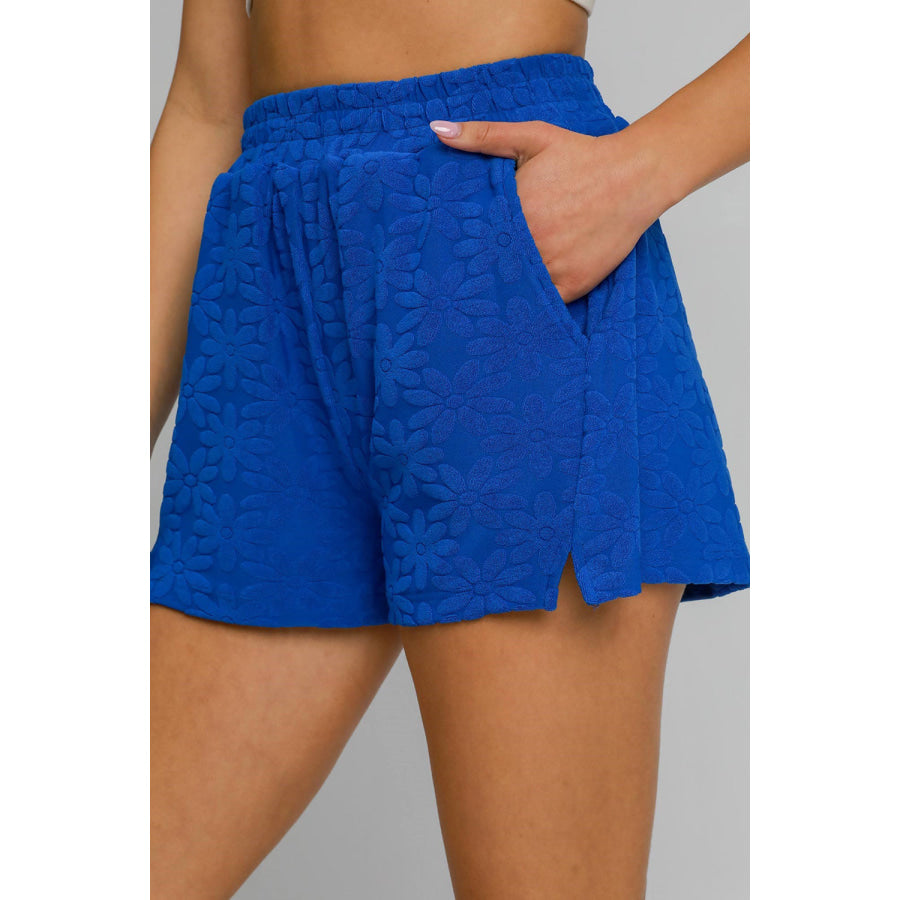 Umgee Floral Elastic Waist Jacquard Shorts with Pockets Royal Blue / S Apparel and Accessories