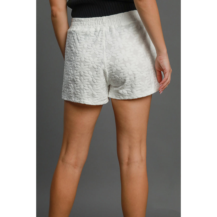 Umgee Floral Elastic Waist Jacquard Shorts with Pockets Apparel and Accessories