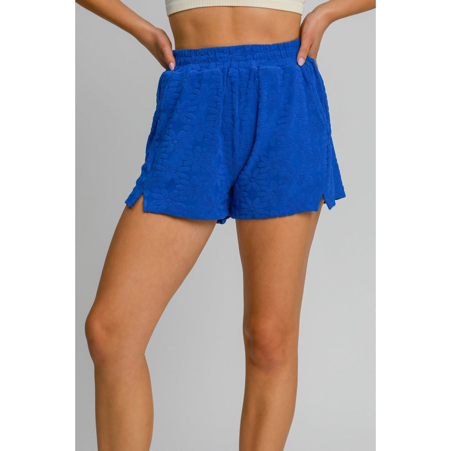 Umgee Floral Elastic Waist Jacquard Shorts with Pockets Royal Blue / S Apparel and Accessories