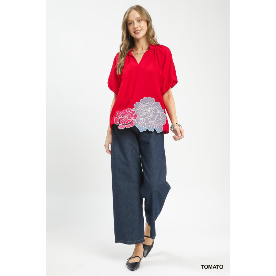 Umgee Floral Embroidered Hem Blouse Apparel and Accessories