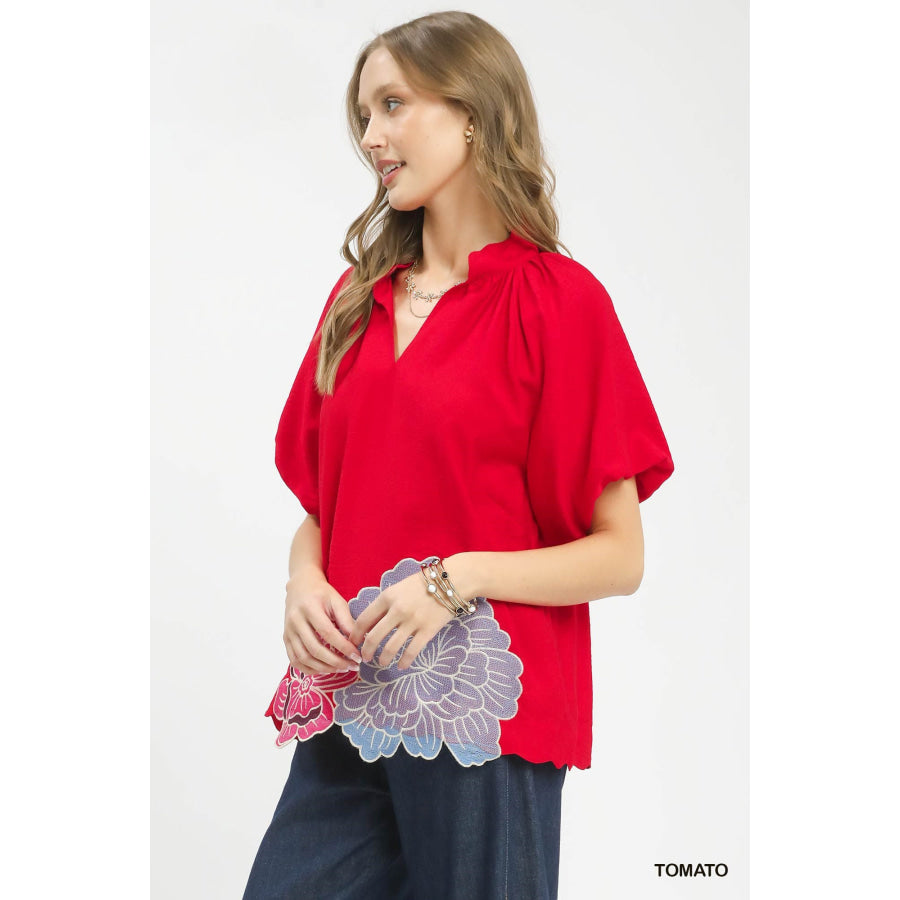 Umgee Floral Embroidered Hem Blouse Apparel and Accessories